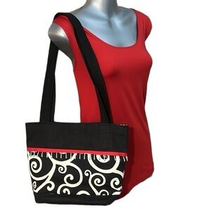 Black and White Fabric Shoulder Bag with Beads by Marty Bags